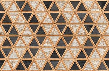 Seamless wooden background. Modern wooden wall with triangle pattern. 
