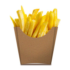 French fries in a brown kraft paper box isolated on a white background. Front view. French fries in a paper wrapper.