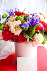 greeting card design. beautiful bouquet of flowers, gift box and envelope with white blank for text 