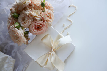greeting card design. beautiful bouquet of flowers, gift box and envelope with white blank for text 