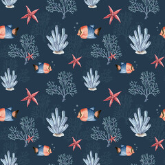 seamless pattern in marine style with colorful fish and corals on a blue background, illustration watercolor hand painted