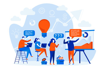 Business training web design concept with people. Business coach speaking scene. Career development and motivation composition in flat style. Vector illustration for social media promotional materials