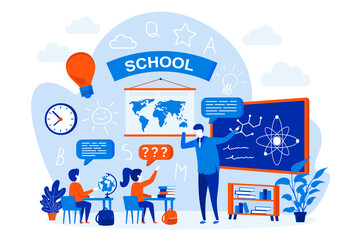 Naklejka premium School learning web design concept with people. Pupils and teacher in classroom scene. Elementary school education composition in flat style. Vector illustration for social media promotional materials
