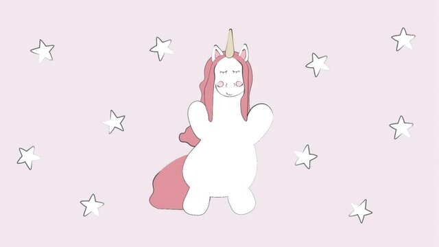 cute cartoon dancing unicorn, stars, funny animation 