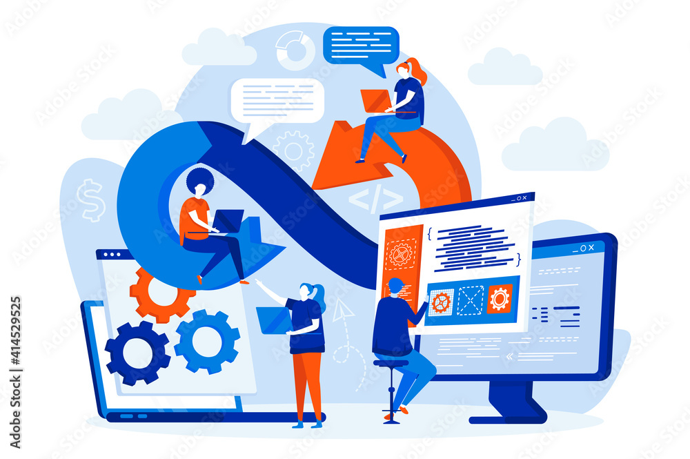 Leinwandbilder DevOps engineers web design with people. DevOps developers work with computers scene. Development operations composition in flat style. Vector illustration for social media promotional materials.