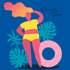 Vector abstract illustration of daylight saving time. Beautiful girl on vacation. A girl on the sea. Summer party. Hello, summer posters in vector.