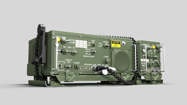 Old Military Radio Station. Radio System AN/VRC-47 consisting of RT-524 receiver-transmitter and R-442 receiver. The color is green, matte on isolated background.