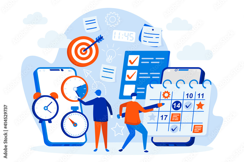 Fototapete mobile organizer web design with people characters. people use mobile organizer app scene. work task