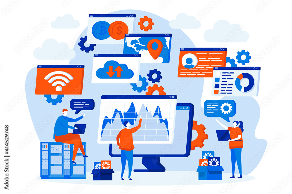 Poster Cyberspace management concept with people. Network administrators scene. Digital security and network management composition in flat style. Vector illustration for social media promotional materials.