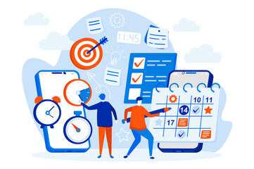 Mobile organizer web design with people characters. People use mobile organizer app scene. Work tasks management composition in flat style. Vector illustration for social media promotional materials.