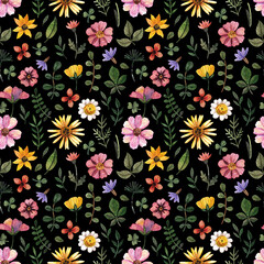 Delicate pressed floral patterns and dried flower arrangements are placed on black backgrounds