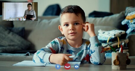 Student child student who raises his hands at a distance, learns online, talks to the camera in virtual lecture classes. A female teacher keeps classes online, on the screen of students and teachers - Powered by Adobe