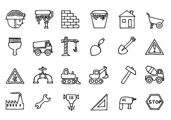 Set of icons on the theme of construction, industry, repair, tools in doodle style. Hand Drawn.