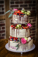 delicious colorful wedding cake with flowers