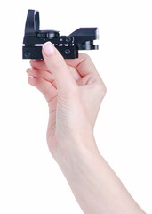 Collimator sight optic in hand on white background isolation