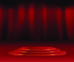 Red colour round podium On Red curtians stage background. Empty pedestal for award ceremony. Stage backdrop.