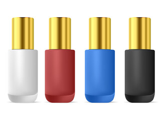 Nail polish bottle. Manicure varnish enamel set. Color paint container. Nail lacquer realistic packaging mockup design. Fingernail jar, glossy cylinder pack, pedicure product, red, pink,black