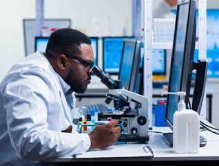 Naklejka na ściany i meble Professional African-American scientist is working on a vaccine in a modern scientific research laboratory. Genetic engineer workplace. Future technology and science.