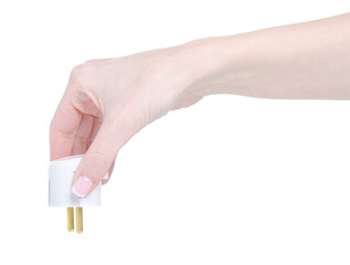 White electrical plug in hand on white background isolation