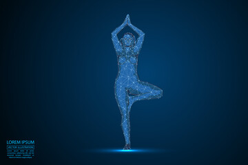 Fototapeta na wymiar Woman yoga fitness. Abstract consists 3d of triangles, lines, dots and connections. On a dark blue background cosmic universe stars. Vector illustration eps 10.