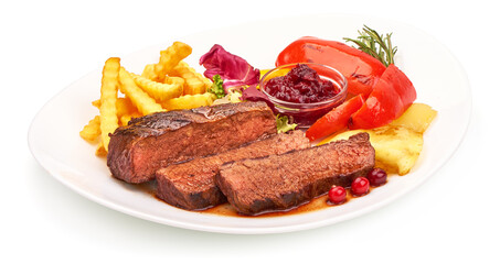 Grilled beef steak, medium rare steak, isolated on white background