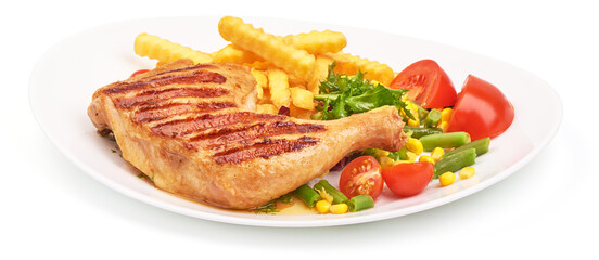 Roasted chicken quarters, isolated on white background