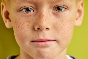 teenager boy with shy diligent look, having green big eyes, seriously looking at camera isolated...