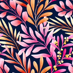 Seamless tropical leaves pattern. Digital hand painting botanical elements. Trendy floral illustration for surface design, fabric, fashion, wallpaper.