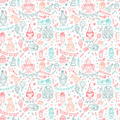 Holiday seamless pattern. Celebratory background with Hand Drawn Doodle children, sweets, bunting flag, balloons, gifts, festive paper caps, festive attributes. Colorful Wallpaper for kids
