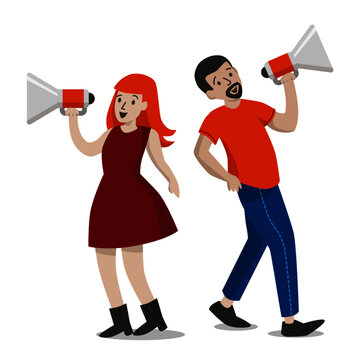 Hombre y mujer hablando con parlante 