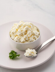 Fresh cottage cheese in a white bowl.