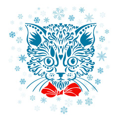 Graphic stylized kitten face. Kitty with a bow. Vector illustration