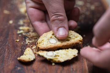 cantucci in the pan for baking, Making twice-cooked, Biscotti in a row for cooking