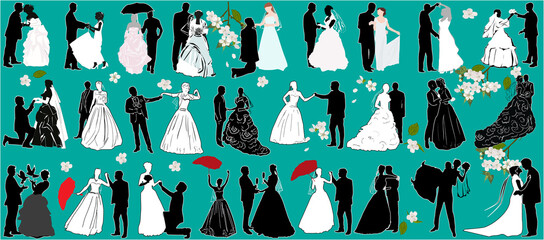 Fototapeta na wymiar twenty five wedding couples isolated on cyan
