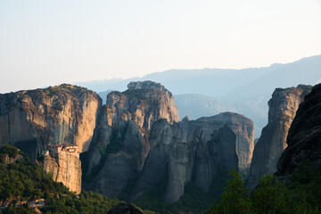 Impressive view of Meteora Mountains and Monastery close to sunset