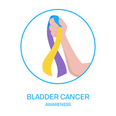 Bladder cancer awareness poster. Blue, yellow, purple ribbon in a hand on white background. Urinary system disease prevention. Medical concept. Vector illustration.