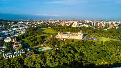 Aerial view of a green park with a beautiful building. Auckland, New Zealand