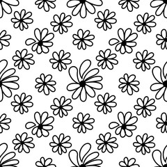Black and white chamomile flowers. Simple seamless vector pattern. Hand-drawn doodle style illustration. Design for fabric, boxes, paper