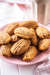 Madeleine with chocolate. Traditional French small cakes.