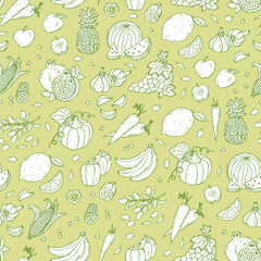 Vegetables and fruits seamless pattern. Hand drawn doodle Fresh Fruit and Vegetable
