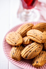 Madeleine with chocolate. Traditional French small cakes.