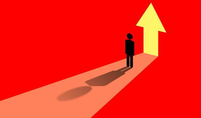 Obraz premium Personal growth concept. Up arrow next to person as a symbol of personal growth. Silhouette of a man on a red background. He dreams of personal and career growth. Up arrow symbolizes a decent future