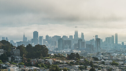 San Francisco, California, USA - August 2019: San Francisco downtown cityscape on a hazy day