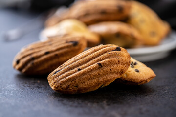 Madeleine with chocolate. Traditional French small cakes.