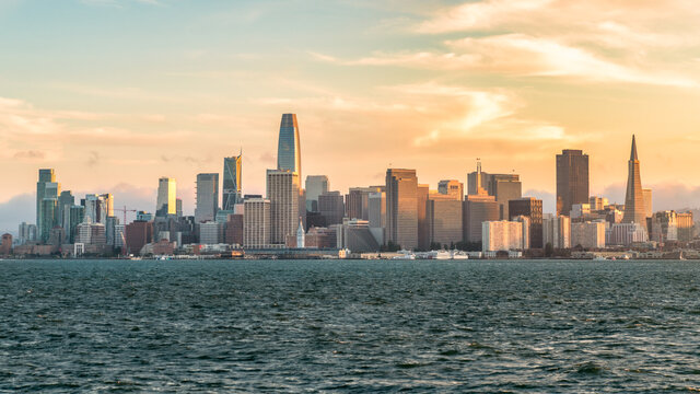 San Francisco, California, USA - August 2019: San Francisco cityscape skyline during sunset