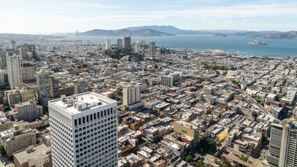 San Francisco, California, USA - August 2019: San Francisco cityscape overlooking Alcatraz Island