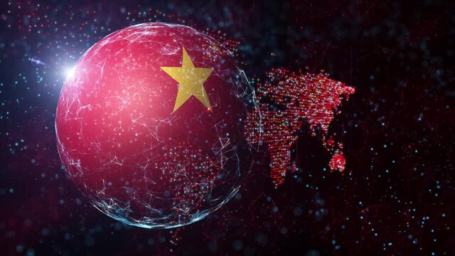 3D China flag on a red planet world map on a futuristic space background