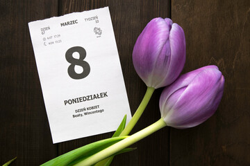 Dzień Kobiet - 8 marca. Karta z kalendarza. Tulipany. - obrazy, fototapety, plakaty