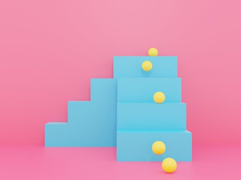 Abstract geometric with blue stair and yellow ball . 3d rendering illustration.
