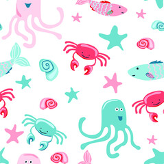 Cheerful hand drawn vector seamless pattern with different sea animals. Cartoon characters. Octopus, fish, crabs, shellfish, sea, ocean, seashells. Summer and children's background